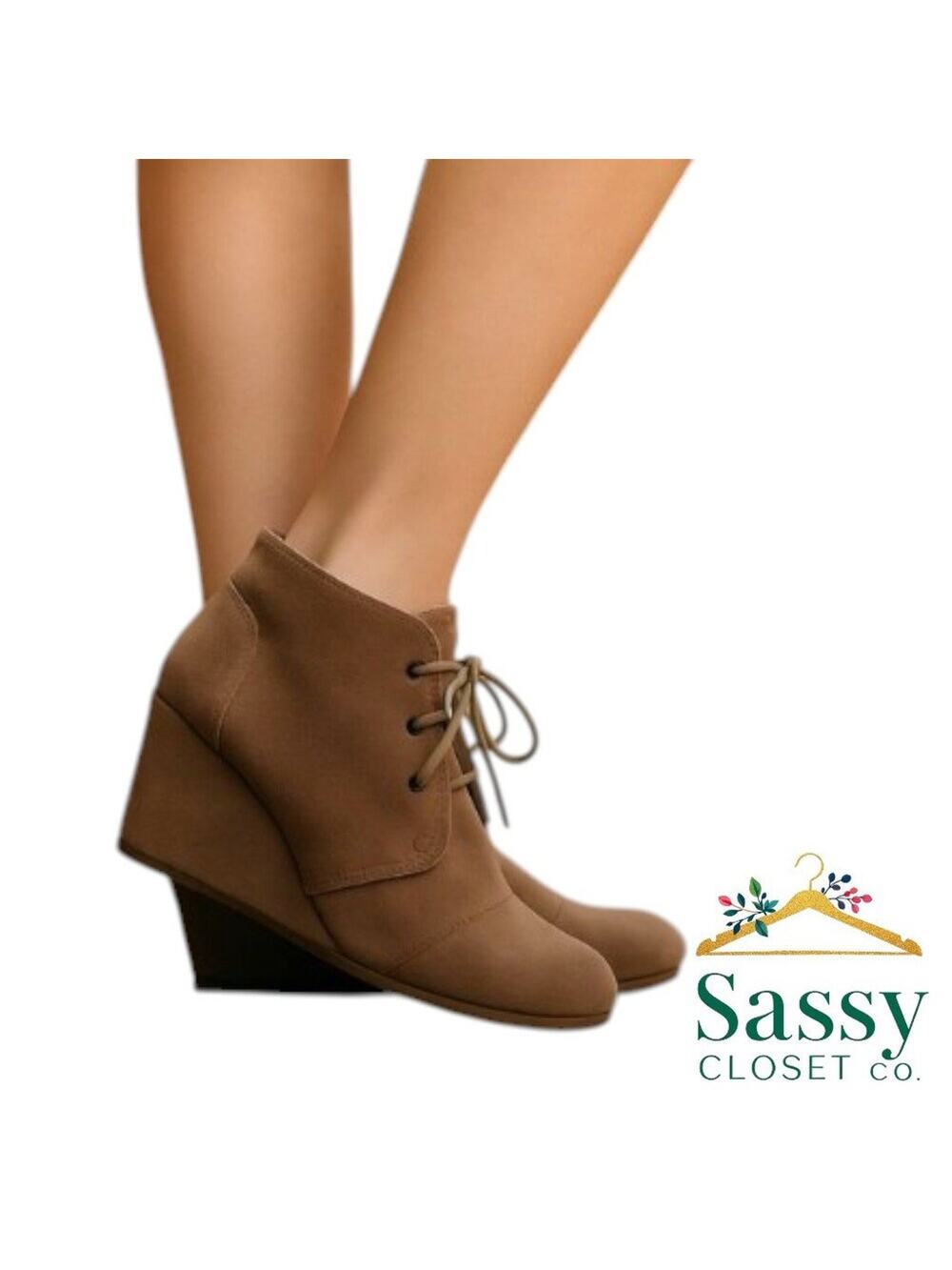✨ TOMS Noa Tan Suede Wedge Ankle Boots 7 Lace Up All Season EUC 🥾